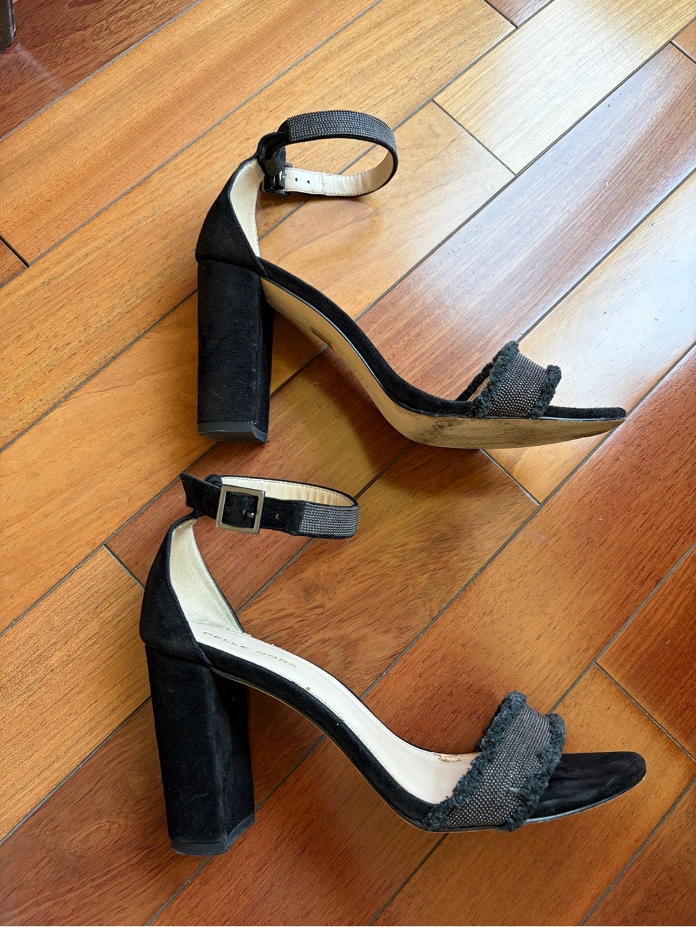 Pelle Moda “Bonnie” Black Block Heel Sandals with Ankle Strap - Size 9